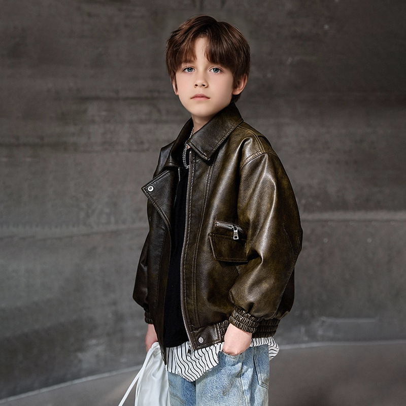 Streetwear Brand Designs - เสื้อโค้ทกันน้ำกันลมสีเขียวเข้มสำหรับเด็กผู้ชาย อายุ 2-12 ปี แจ็คเก็ตหนัง PU