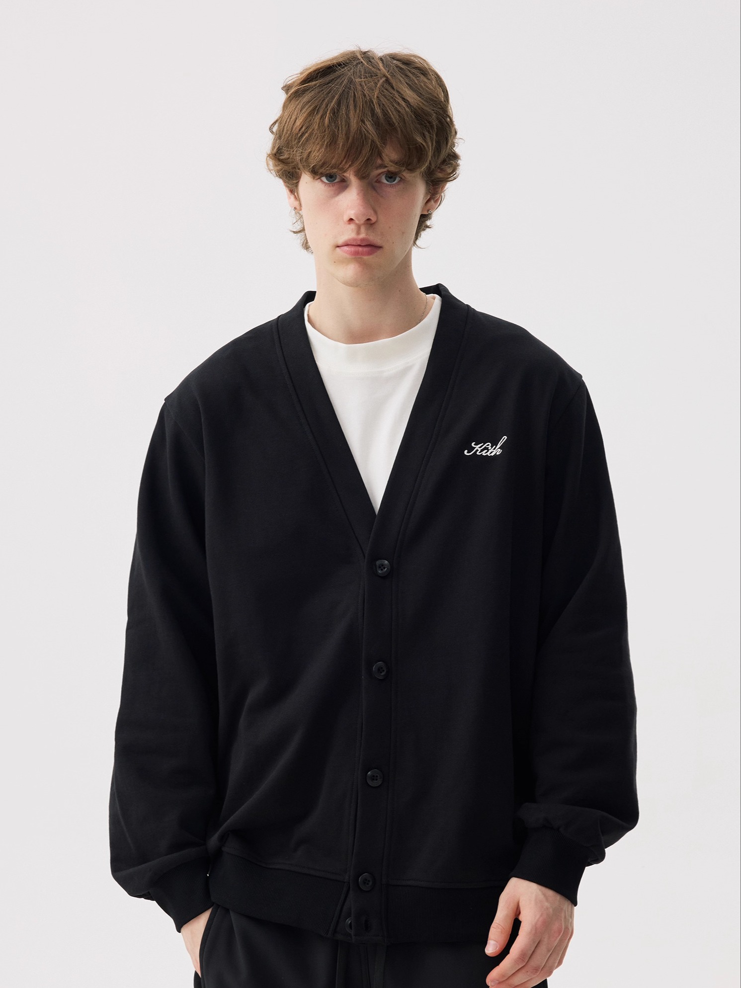 Kith Sweater Knit - KITH เสื้อคาร์ดิแกนถักคอวีแบบติดกระดุมลำลองสไตล์คู่รักสีบริสุทธิ์เสื้อสเวตเตอร์ปักลายผู้ชายผู้หญิงเสื้อแจ๊กเก็ต