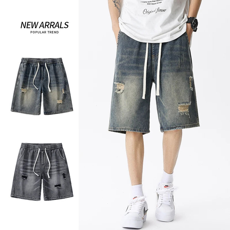Streetwear Brand Pants - เสื้อผ้าแนวสตรีทเรโทรของผู้ชาย celana pendek DENIM บางฤดูร้อนกางเกงยีนส์ชายขาสั้นยืดตรงหลวมสีฟ้าสีเทา