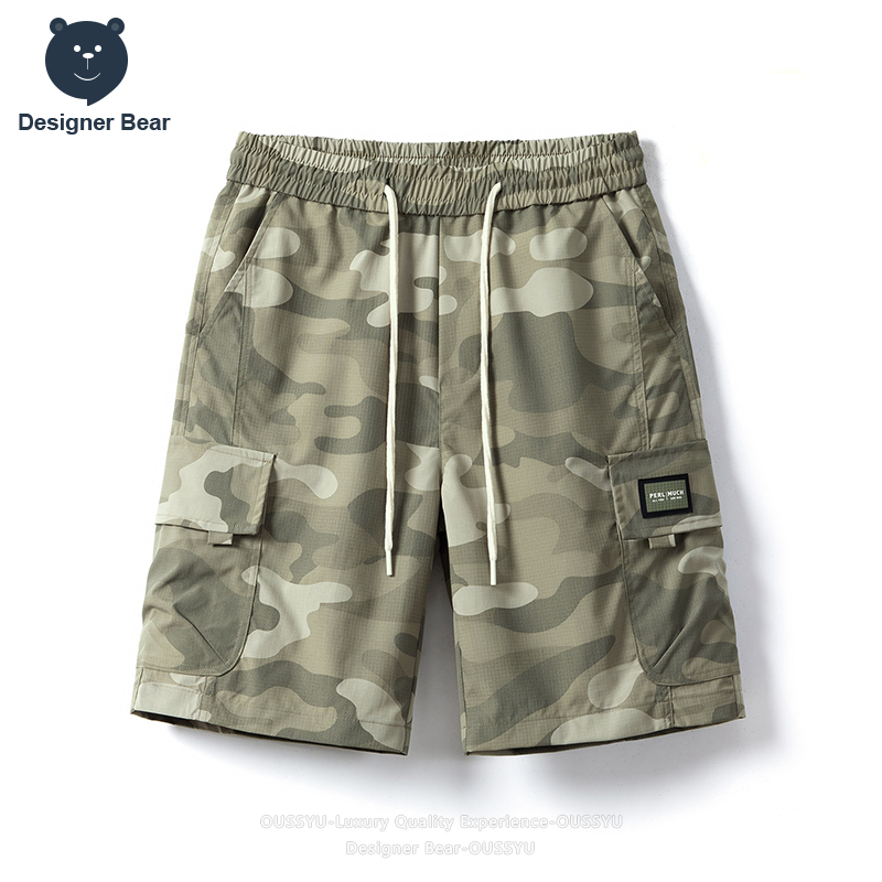 Streetwear Brand Pants - กางเกงขาสั้นคาร์โก้ลายพรางสำหรับผู้ชาย แบรนด์ดัง ใส่ได้หลายโอกาส มีกระเป๋าหลายช่อง เชือกผูกเอว สไตล์ลำลอง