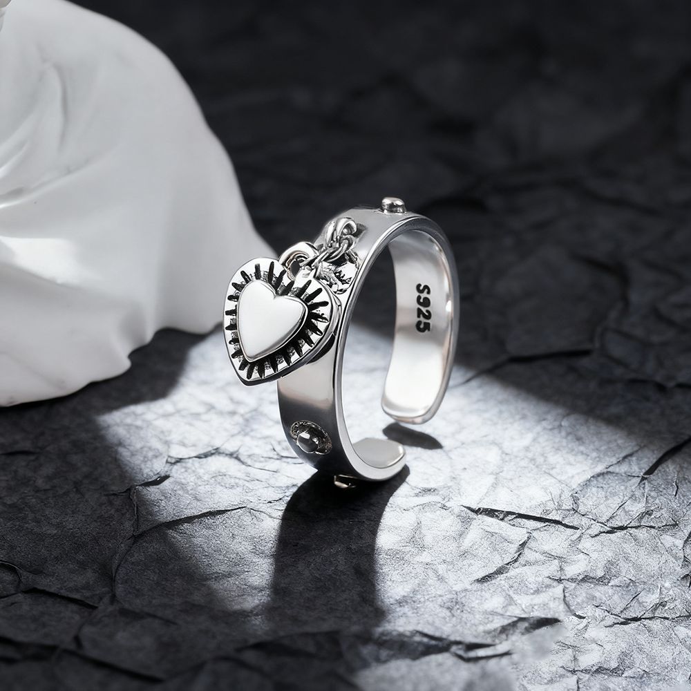 Chrome Hearts Ring - เงินแท้ 925 รูปหัวใจ ​ แหวนปรับขนาดได้สำหรับผู้หญิง แหวนหมั้นแบบซ้อนได้