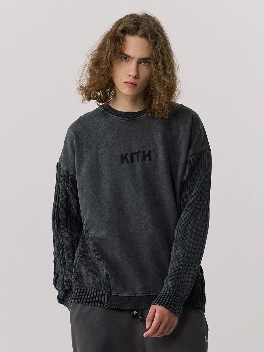 Kith Sweater Knit - เสื้อสเวตเตอร์ถักเนื้อหนา คอกลม ฮู้ดดี้ผู้ชาย แต่งผ้าแบบ Patchwork ผ้าฝ้ายอุ่นๆ