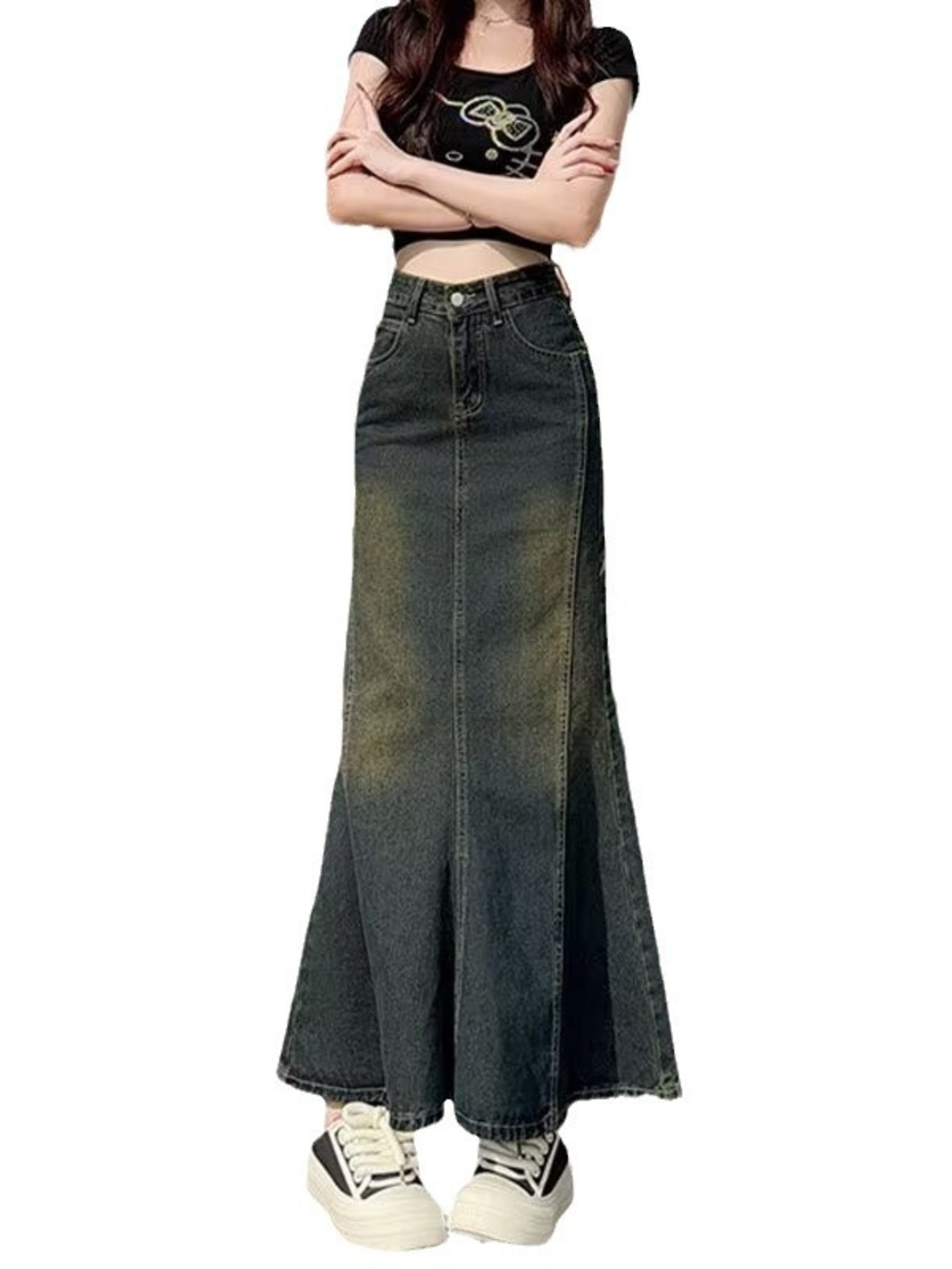 Streetwear Brand Pants - กระโปรงยีนส์ทรงเมอร์เมดวินเทจสำหรับผู้หญิง เอวสูง ไล่เฉดสี ปลายกระโปรงทรงหางปลา สีดำเทา