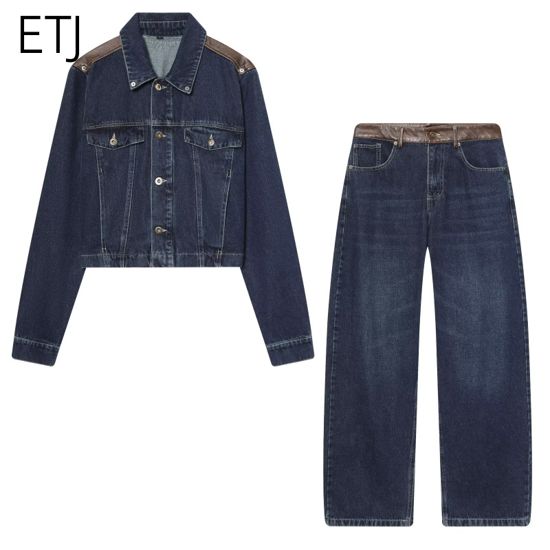 Streetwear Brand Pants - ชุดแจ็คเก็ตยีนส์และกางเกงยีนส์ผู้หญิง ETJ แต่งหนังแบบครอป ทรงโอเวอร์ไซส์ กางเกงขายาวทรงกว้าง แฟชั่นปี