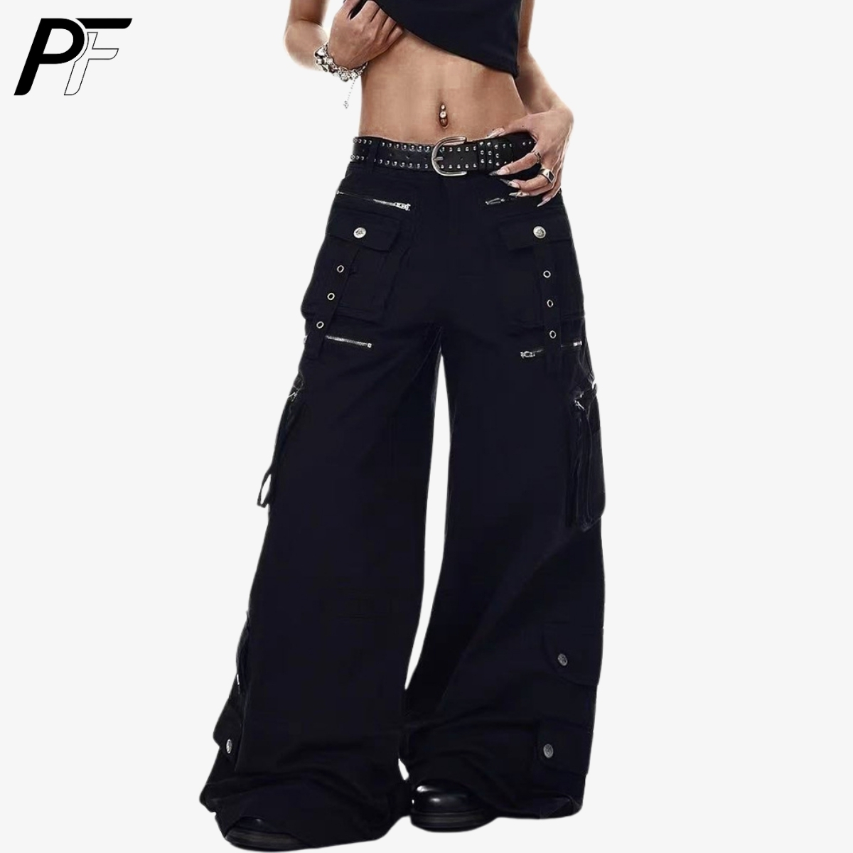 Streetwear Brand Pants - กางเกงคาร์โก้ทรงขากว้างสไตล์กรันจ์เทคแวร์ Y2K กางเกงยูทิลิตี้หลายกระเป๋า เอวสูง วินเทจ สตรีทแวร์