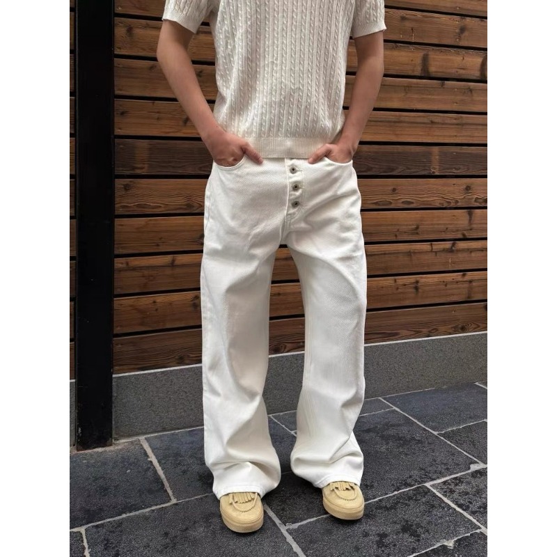 Streetwear Brand Pants - กางเกงยีนส์ขาบานสีขาวทรงหลวมเอวสูงติดกระดุมสำหรับผู้ชาย สไตล์ลำลองใส่ได้ทุกวัน เหมาะกับแฟชั่นสตรีทแวร์